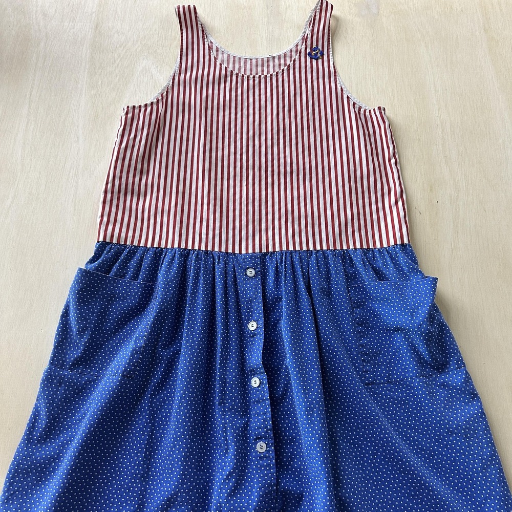 Vintage Dress Womens Large Red White Blue Stars Patriotic Sleeveless Sundress
